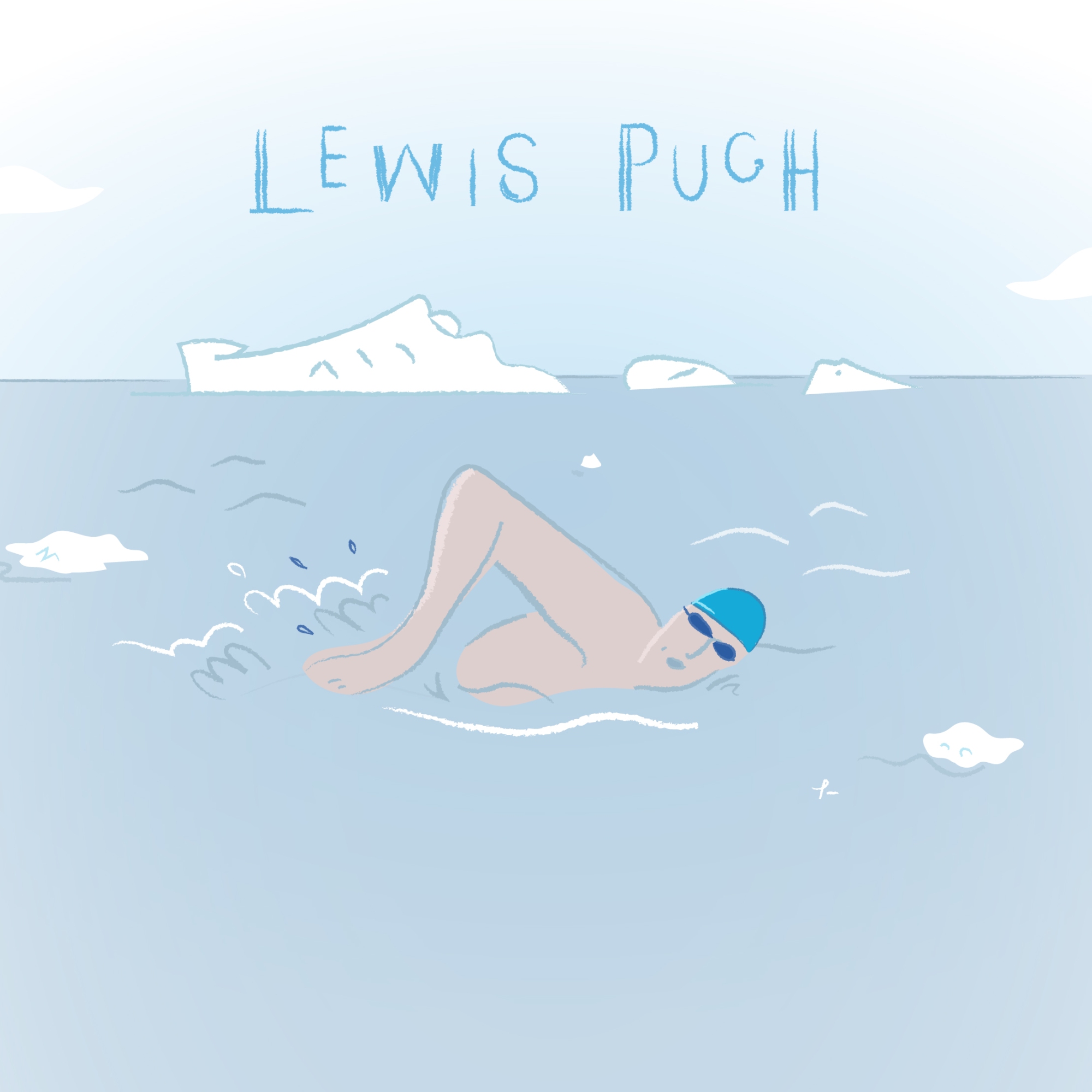 An illustration of Lewis Pugh swimming in icy water. He is wearing a blue cap and an iceberg is visible in the background