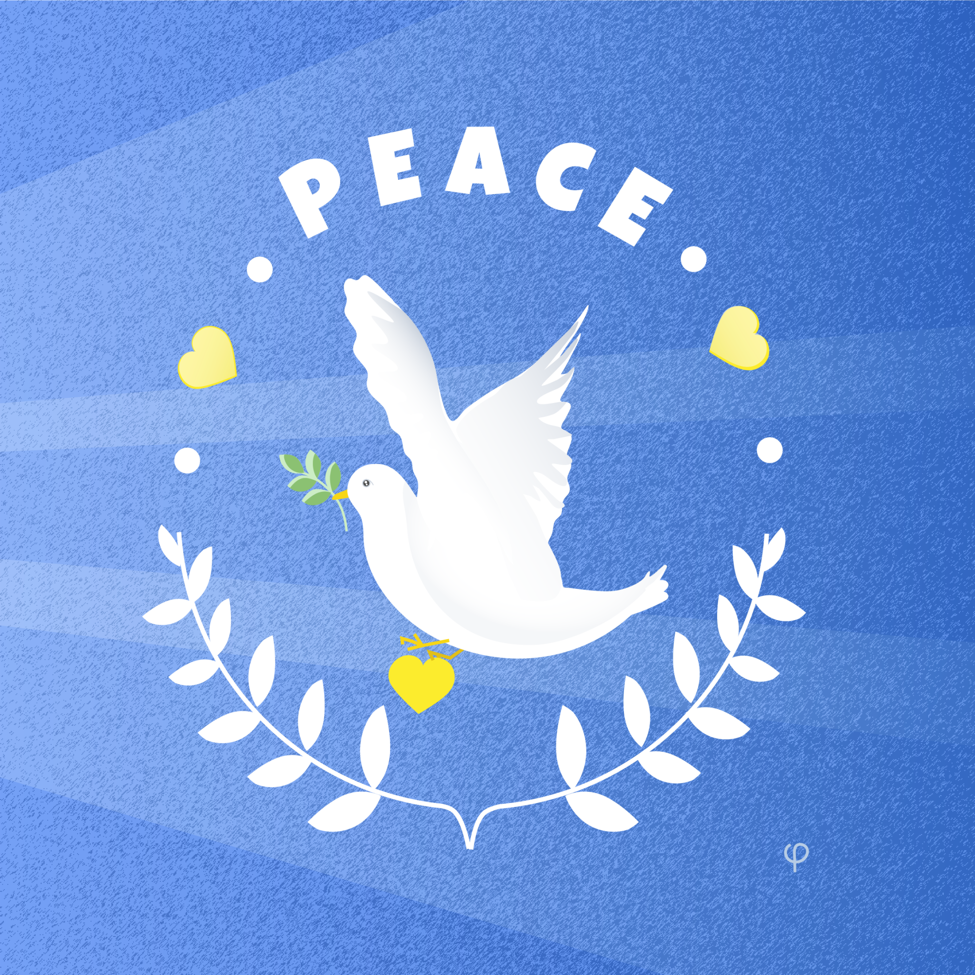 A white dove Against a blue background. The dove carries a green olive branch in its mouth, and carries a golden heart in its claws. Above the word Peace creates the top of a circle and more branches finish the circle underneath.