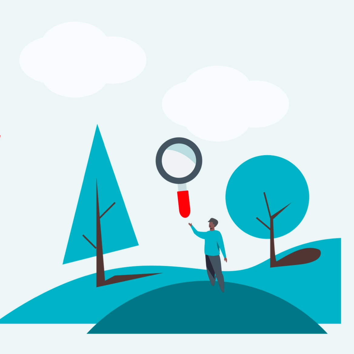 Against a pale grey sky and stylised vector design of trees, a man holds an oversized magnifying glass with a bright red handle up to the sky